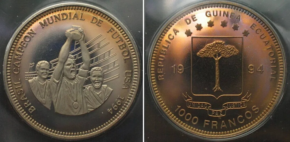 1994 EQUATORIAL GUINEA. 1000 Francos 1994, Soccer World Cup, Brazil champion, Cu-Ni Proof