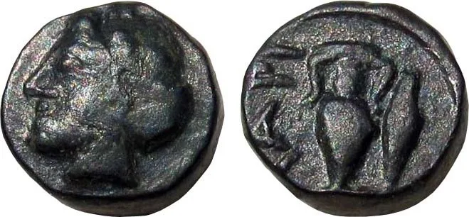 AE10 350 BC., Larisa Ptolemais, Troas, Female head left/Amphora, Very fine