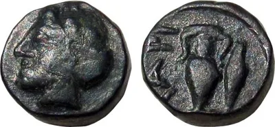 AE10 350 BC., Larisa Ptolemais, Troas, Female head left/Amphora, Very fine