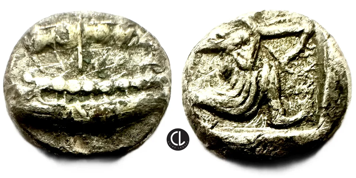 Phoenicia, Sidon, Uncertain King, AR Sixteenth Shekel, Circa 435-425 BC, Galley / Persian King – RRR