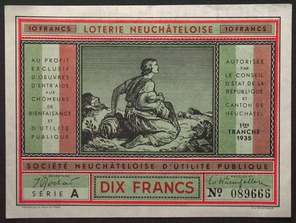 1935 Swiss LOTERIE NEUCHATELOISE 10 Francs 1935, 1ere Tranche, UNC- RAR! UNC-