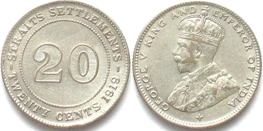 1919 STRAITS SETTLEMENTS. 20 Cents 1919, George V, silver, AU!
