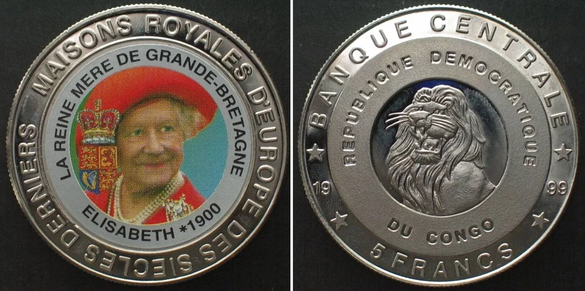 1999 CONGO 5 Francs 1999 Elizabeth, Queen Mother, ROYALS OF EUROPE Cu-Ni Proof