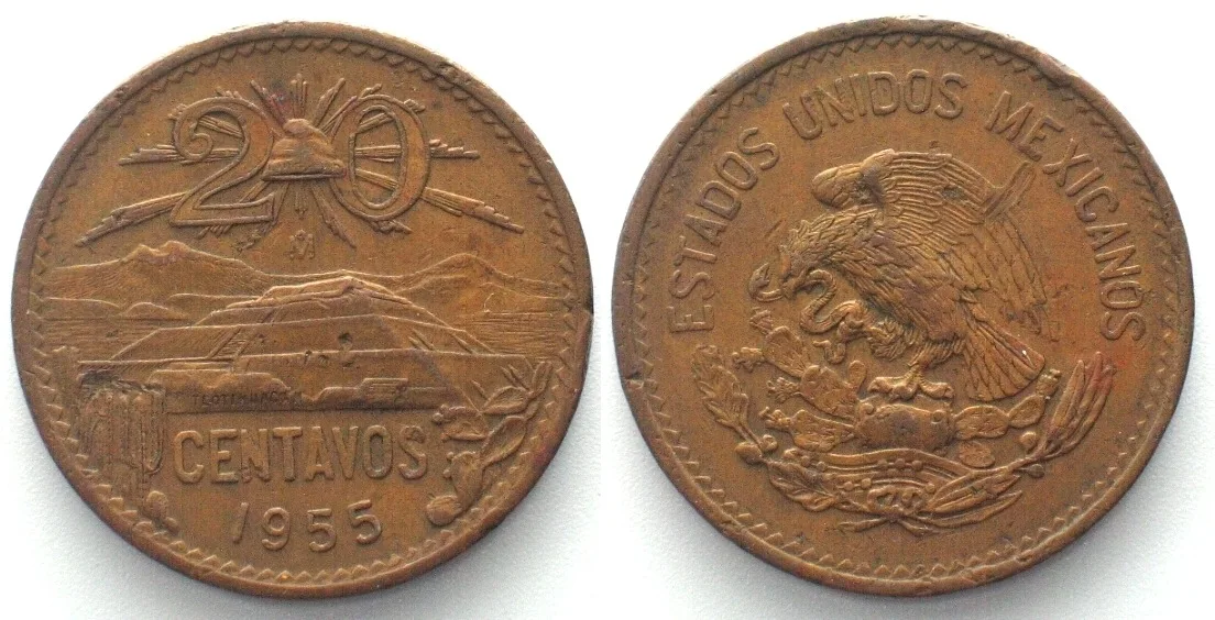 1955 MEXICO. 20 Centavos 1955, old type, bronze, AU!
