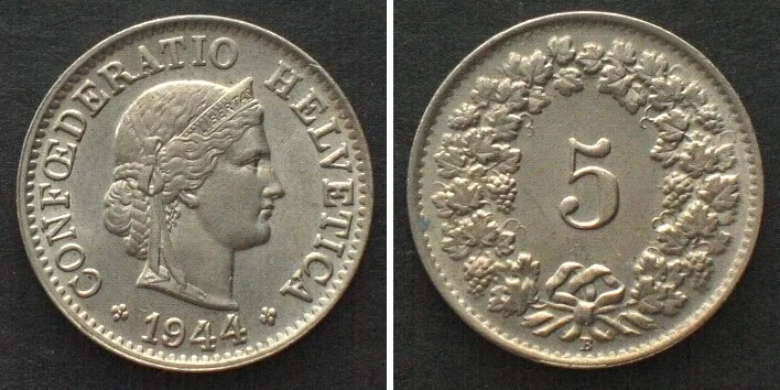 1944 SWITZERLAND 5 Rappen 1944 Cu-Ni UNC!
