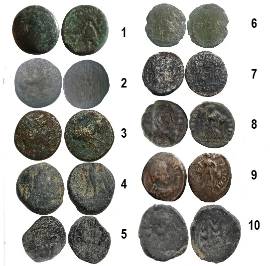 10 low grade Greek, Roman and Byzantine coins. ALL are ID