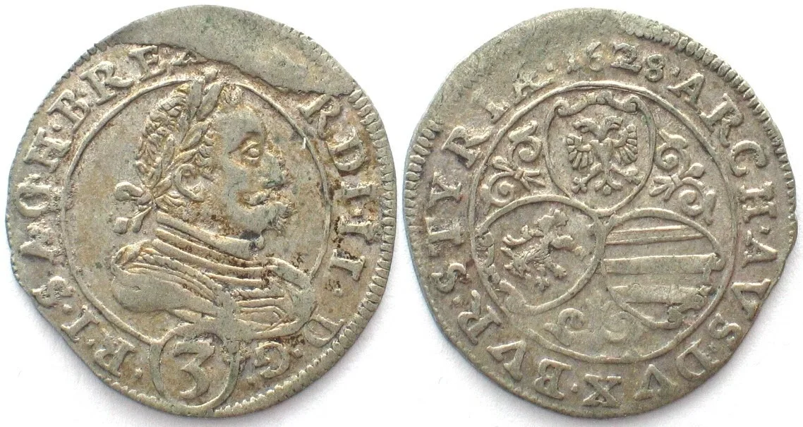 1628 AUSTRIA 3 Kreuzer 1628 Graz mint - Scroll work arms - FERDINAND II silver RARE! AU