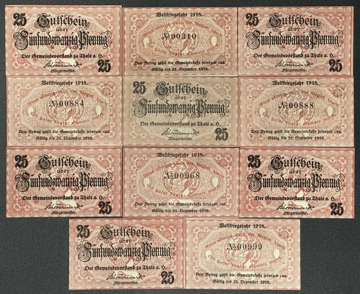 1918 GERMANY Notgeld. 10 x THALE a.H. 25 Pfennig 1918 UNC