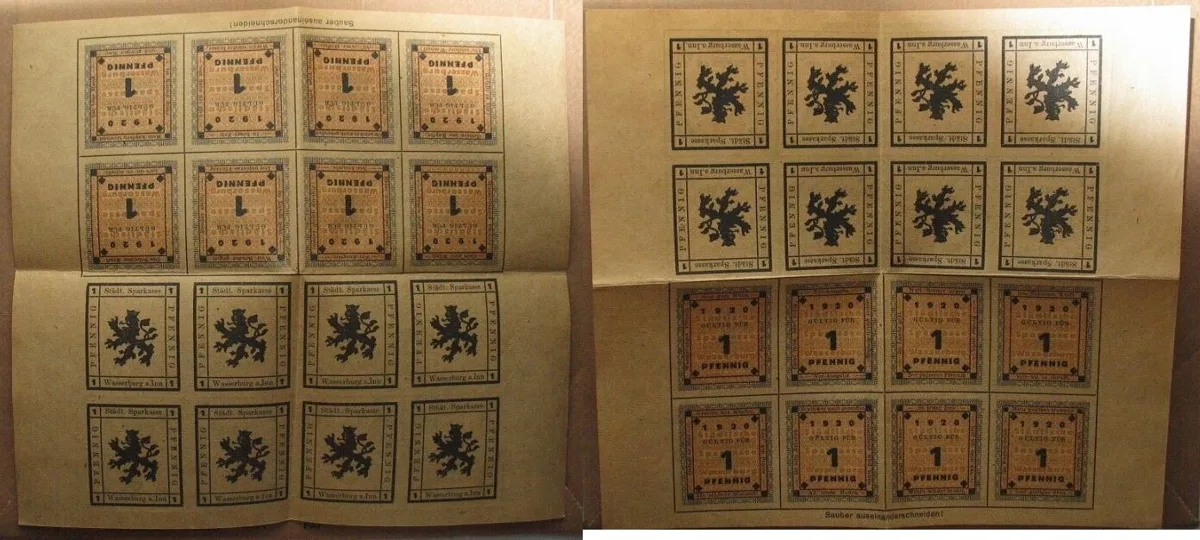 1920 GERMANY. Notgeld. WASSERBURG (Bavaria) Complete sheet 16 x 1 Pfennig 1920 UNC-