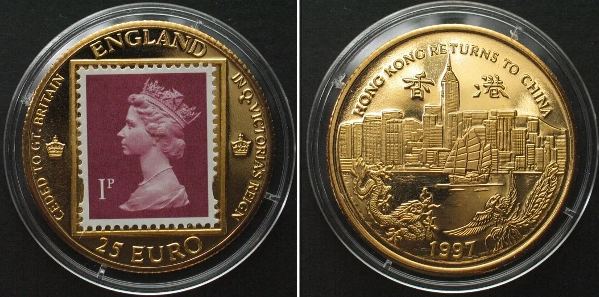 1997 25 Euro 1997 HONG KONG RETURNS TO CHINA w. stamp, gilt bronze Proof