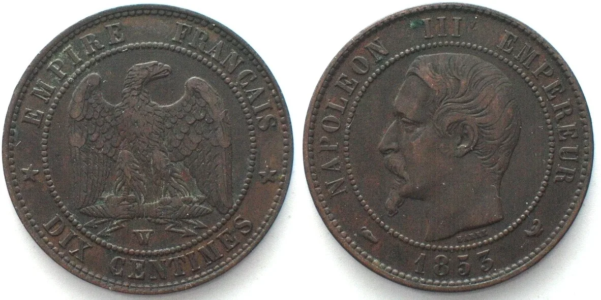 1853 FRANCE 10 Centimes 1853 W, Lille mint, NAPOLEON III bronze AU!