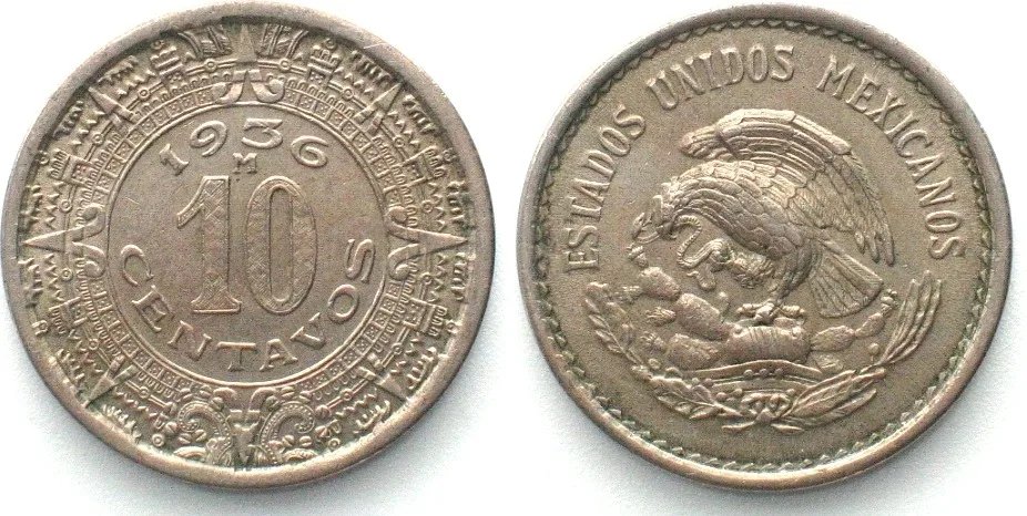 1936 MEXICO. 10 Centavos 1936, Cu-Ni, AU