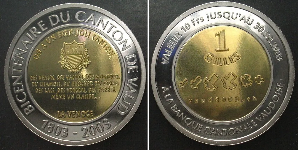 2003 Swiss VAUD 10 Francs (1 Gilles) 2003 local coinage Bi-mettalic Proof