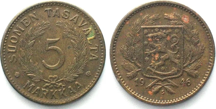 1946 FINLAND 5 Markkaa 1946 Al-Bro SCARCE! XF EF