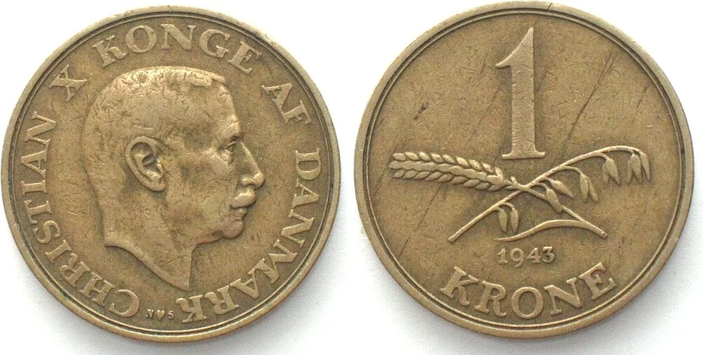 1943 DENMARK. 1 Krone 1943, CHRISTIAN X, Al-Br, KEY DATE! VF+