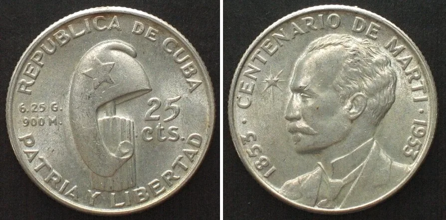 1953 CUBA. 25 Centavos 1953, JOSE MARTI CENTENNIAL, silver UNC!!!
