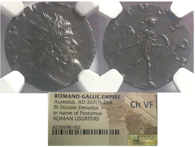 ROMAN-GALLIC EMPIRE Aureolus AD 267-268, BI Double Denarius NGC Ch VF Very Rare
