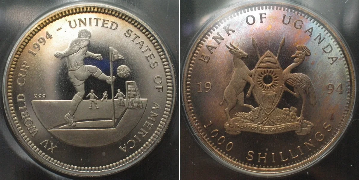1994 UGANDA - PATTERN 1000 Shillings 1994 SOCCER WORLD CUP Cu-Ni SCARCE! Proof