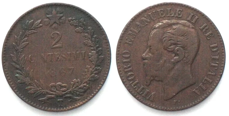 1867 ITALY. 2 Centesimi 1867 T, Turin mint, VITTORIO EMANUELE II, copper, SCARCE! VF