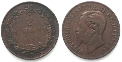 1867 ITALY. 2 Centesimi 1867 T, Turin mint, VITTORIO EMANUELE II, copper, SCARCE! VF