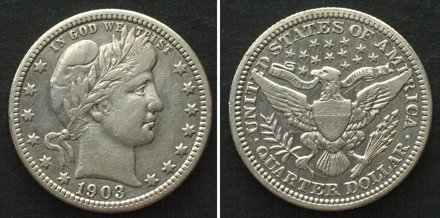 1903 US 1903 Barber Quarter Dollar, Philadelphia mint, silver aXF! EF-