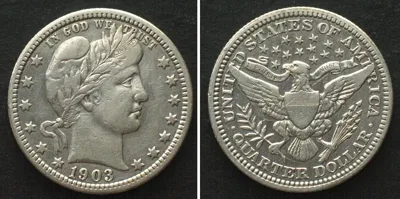 1903 US 1903 Barber Quarter Dollar, Philadelphia mint, silver aXF! EF-