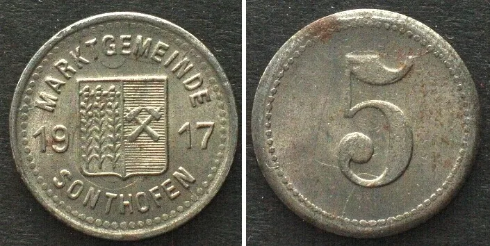 1917 Germany SONTHOFEN (Bavaria) 5 Pfennig 1917 NOTGELD iron UNC! RARE! UNC