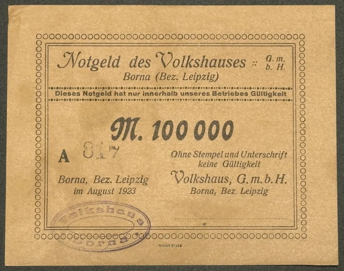 1923 GERMANY. Notgeld. BORNA Volkshaus 100 000 Mark 1923, UNC-