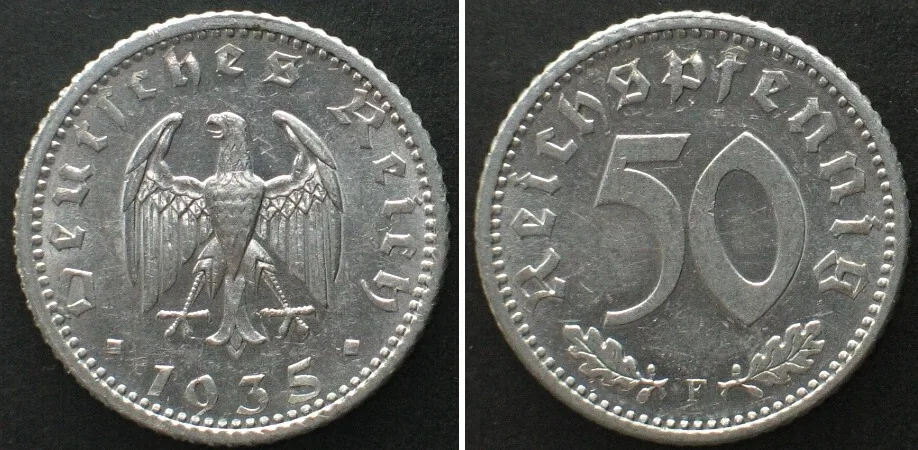 1935 Germany THIRD REICH 50 Pfennig 1935 F, Alu, Prooflike Specimen! Prooflike