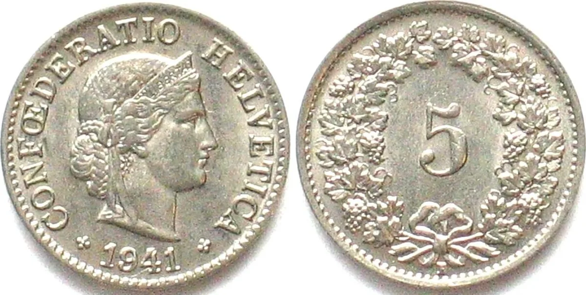 1941 SWITZERLAND 5 Rappen 1941 nickel UNC-!!!
