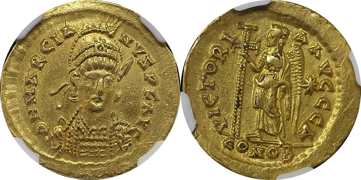 Solidus 450-457 AD Marcian Ch XF Strike: 5 / 5 Surface: 2 / 5