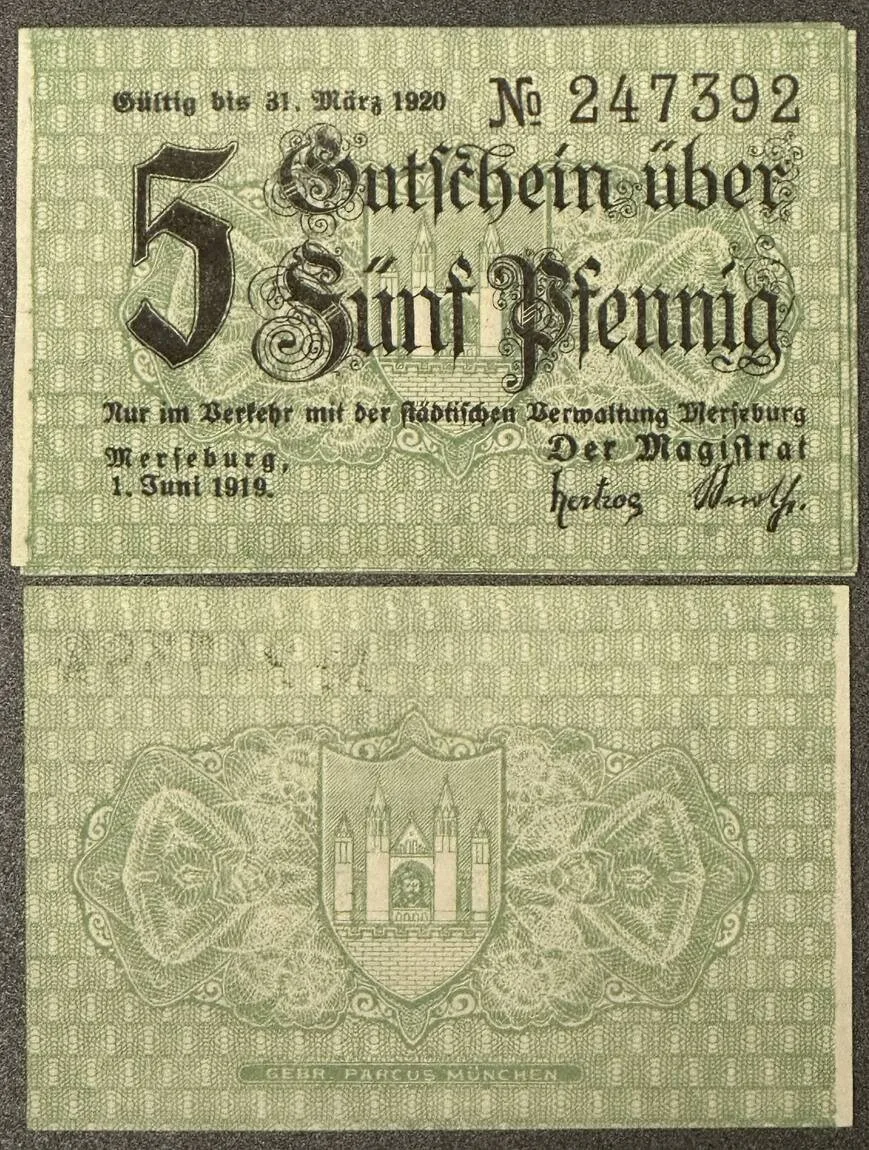 1919 GERMANY. Notgeld. MERSEBURG 9 x 5 Pfennig 1.6.1919 UNC