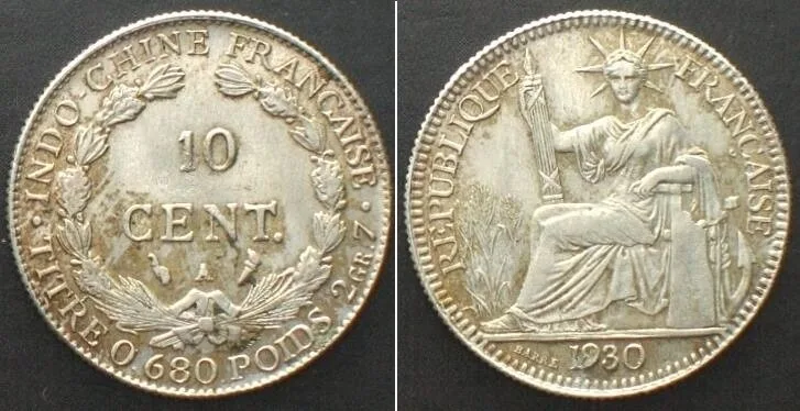 1930 FRENCH INDO-CHINA. 10 Cents 1930, silver, AU!