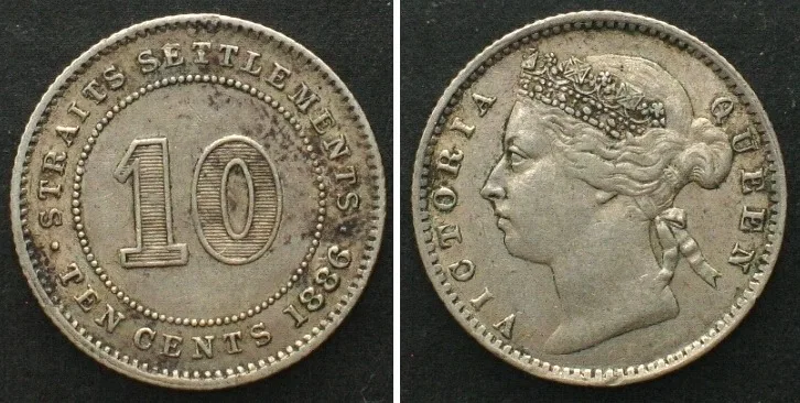1886 STRAITS SETTLEMENTS. 10 Cents 1886, VICTORIA silver XF! EF