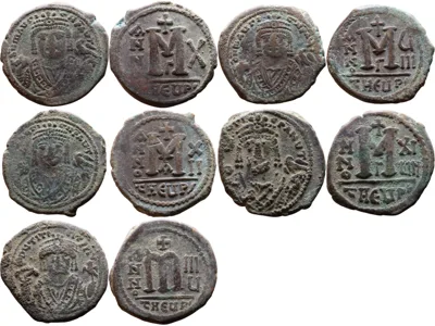 Lot of 5 Byzantine Follis, Emperor Maurice Tiberius (582-602 AD)