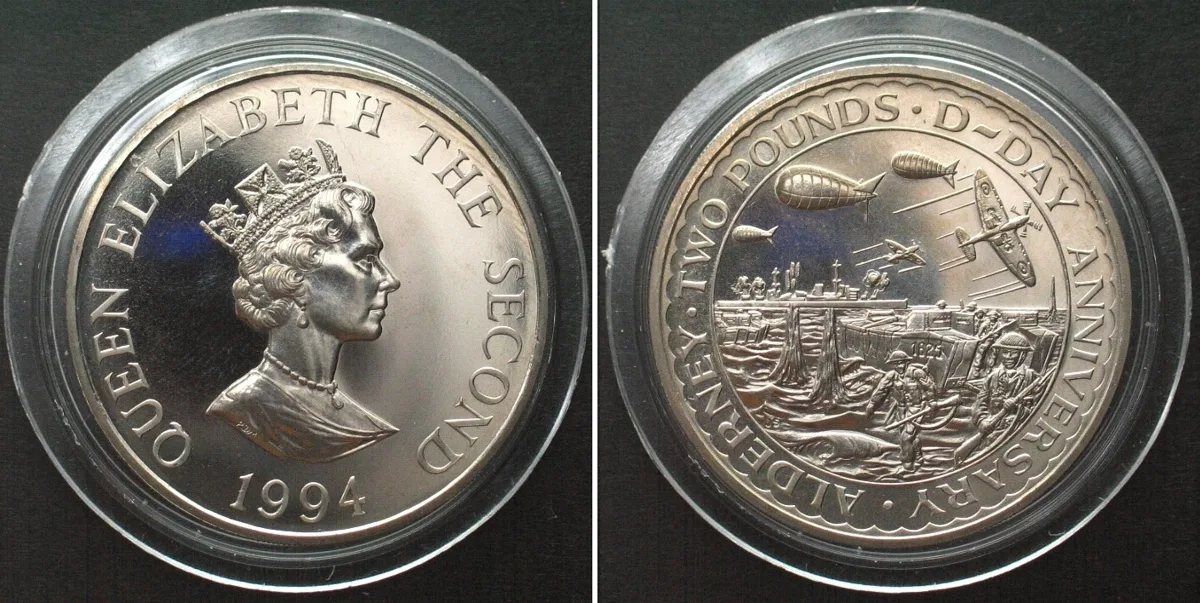 1994 ALDERNEY. 2 Pounds 1994, Normandy Invasion, Cu-Ni Prooflike