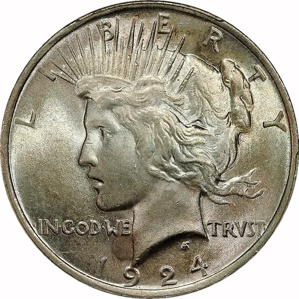 Peace Dollar, 1924, VAM 5A Broken Wing, $1, MS62 , PCGS