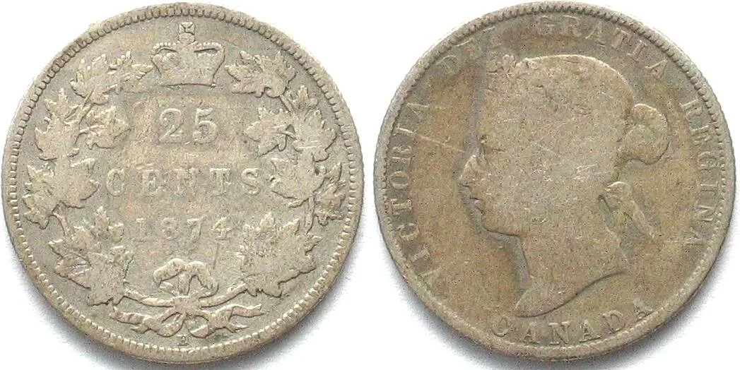 1874 CANADA 25 Cents 1874 H VICTORIA silver F