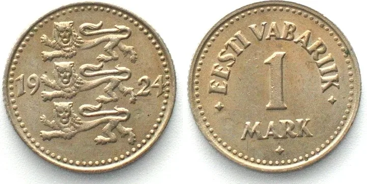 1924 ESTONIA 1 Mark 1924 Nickel-Bronze AU UNC-