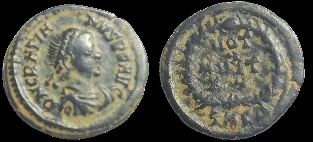 Gratian 378–383 AD (Struck January 1 and August 25, 383 AD) AE15mm 1.03gm Cyzicus, Scarce