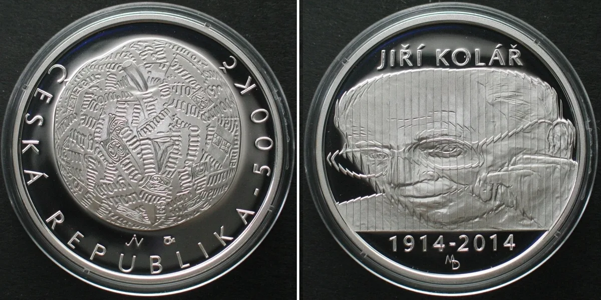 500 Kronen 2014 CZECH REPUBLIC. 500 Korun 2014, JIRI KOLAR, silver, Proof