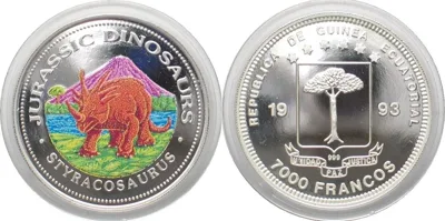 1993 EQUATORIAL GUINEA 7000 Francos 1993 Styracosaurus DINOSAURS silver COLOUR Proof