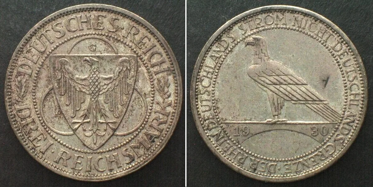 1930 Germany WEIMAR REP. 3 Reichsmark 1930 G, Karlsruhe, RHEINLAND, silver UNC-!