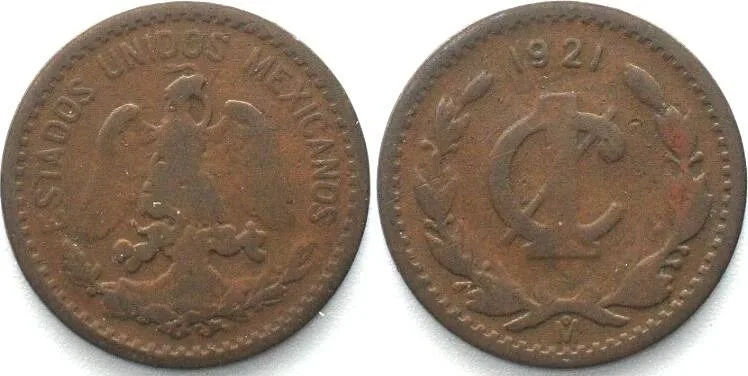 1921 MEXICO. 1 Centavo 1921, bronze, scarce date! F-VF