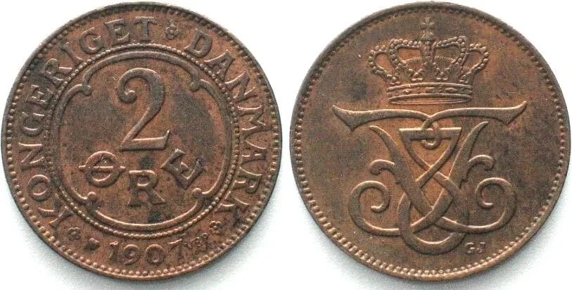 1907 DENMARK 2 Ore 1907 FREDERIK VIII bronze UNC-!