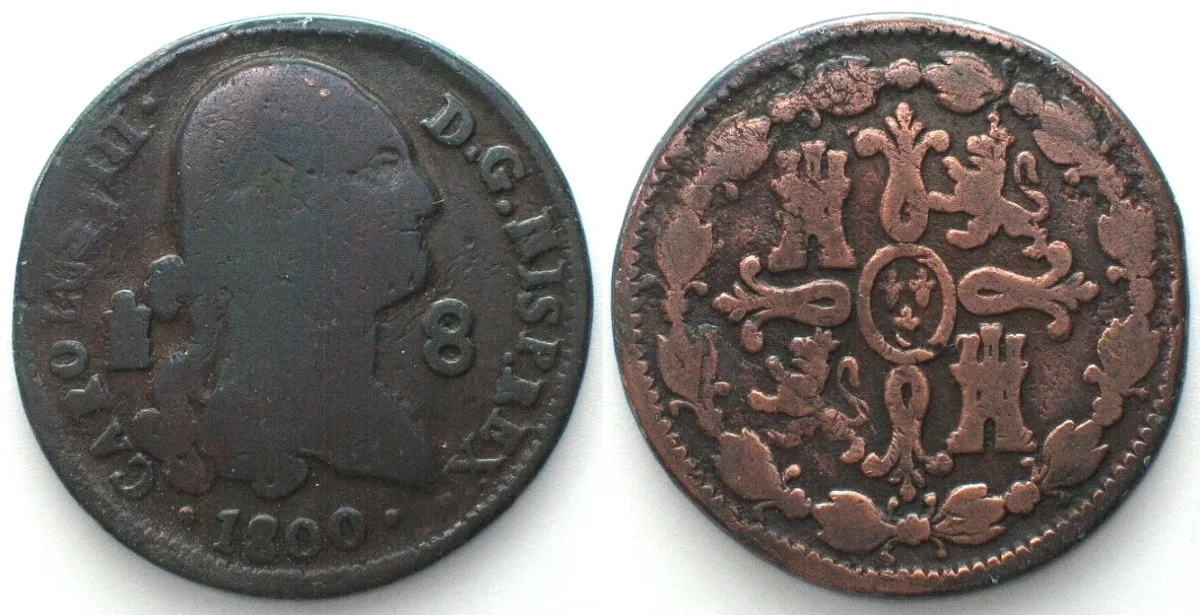 1800 SPAIN 8 Maravedis 1800 Segovia mint CARLOS IV copper aVF VF-
