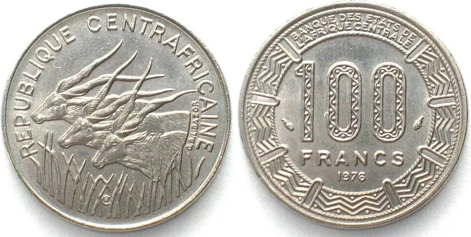 1976 CENTRAL AFRICAN REPUBLIC 100 Francs 1976, nickel, UNC!