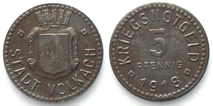 1918 Germany VOLKACH (Bavaria) 5 Pfennig 1918 NOTGELD iron UNC-