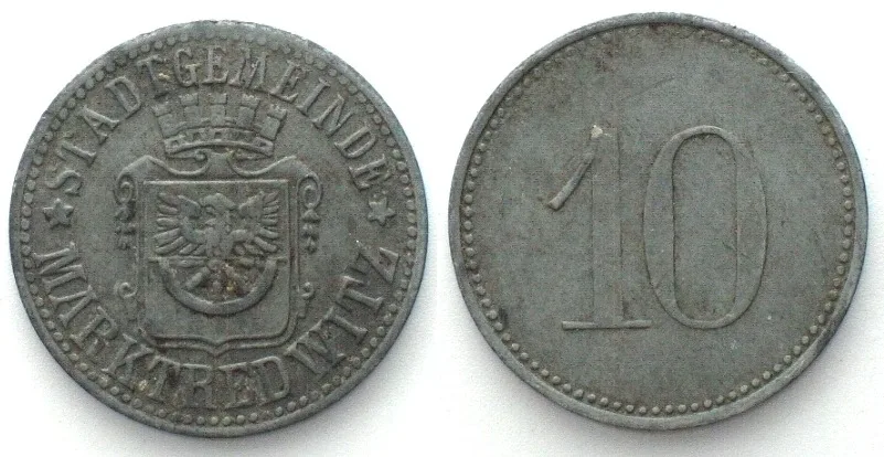 1917-1921 Germany MARKTREDWITZ (Bavaria) 10 Pfennig ND, NOTGELD, zinc AU