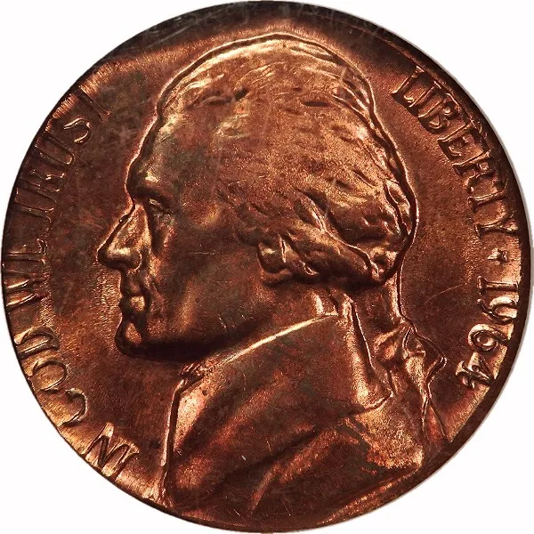 Jefferson Nickel, 1964-D, Struck on 1C Planchet (3.0 Grams), 5¢, MS64 RB, NGC